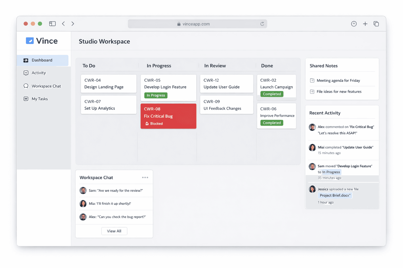 Workspace preview showing a Vince board, shared notes, recent activity, and workspace chat